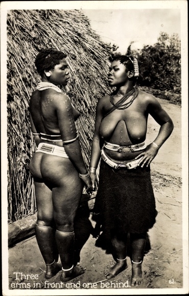 Postcard Three arms in front and one behind, African women, breasts, decorative scars, bottom