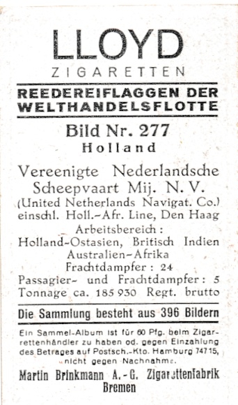 Sammelbild Reedereiflaggen der Welthandelsflotte, Bild 277 Holland, Vereen. Dutch. shipv. Me.