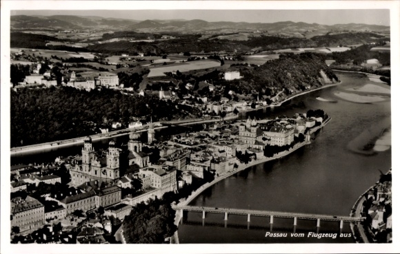 Postcard Passau in Lower Bavaria, aerial view of river, hills, buildings