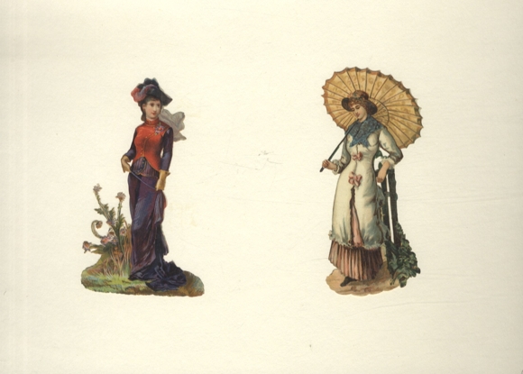 2 wafers of young women in fashionable dresses, with umbrella, each approx. 12 x 7cm