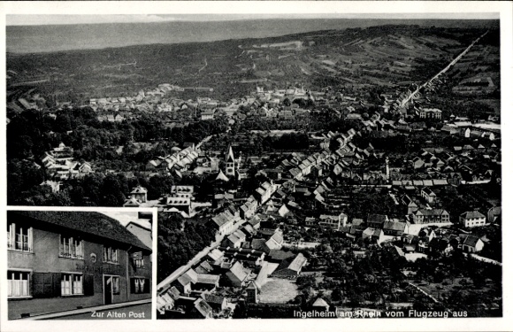 Postcard Ingelheim am Rhein, aerial view of Ingelheim, Gasthaus zur Alten Post, restaurant