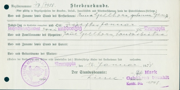 Sterbeurkunde, Gellhorn, Todestag 12. Januar 1933