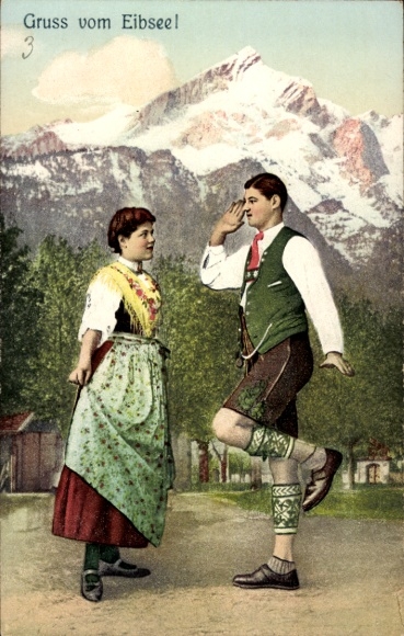 Postcard Grainau in Upper Bavaria, Eibsee, couple in traditional costume, The Platt'ln, Schuhplattler