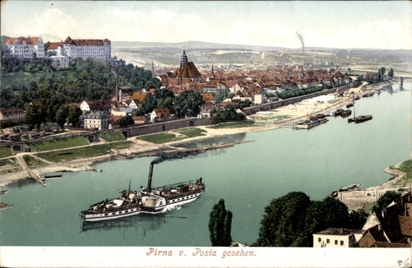 Ak Pirna an der Elbe, Stadtansicht, Elbe, Schiffe,  Architektur, 