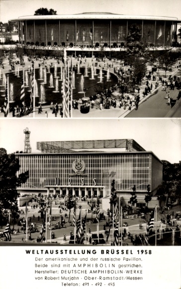 Postcard Bruxelles Brussels, World Exhibition 1958, American and Russian Pavilion