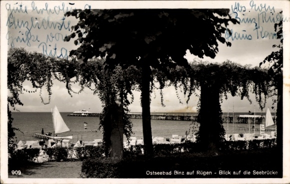 Postcard Seebad Binz on Rügen, Baltic Sea resort Binz, view of the pier, sailboats, beach