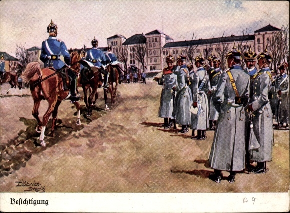 Artist PC Döbrich-Steglitz, inspection, soldiers on a barracks square, riders
