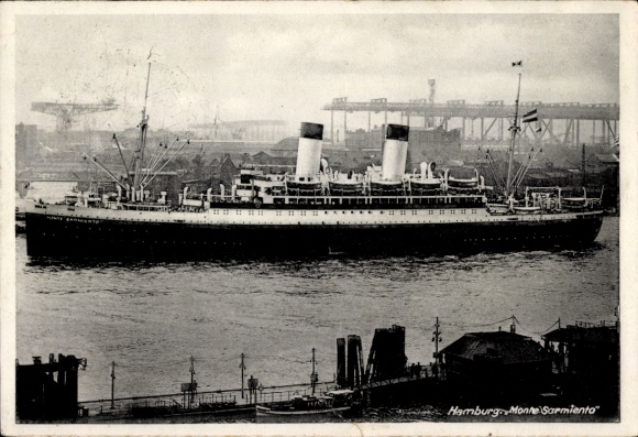 PC Hamburg, passenger steamer Monte Sarmiento in the harbor, HSDG, stamp KdF ship mail