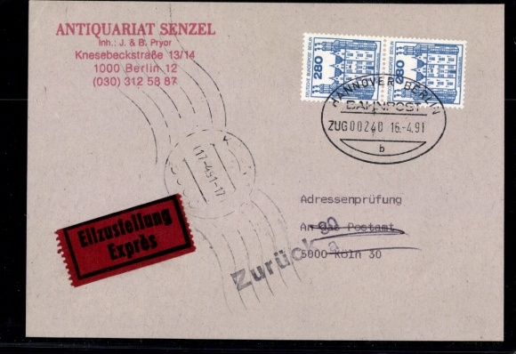 Michel nr 676 (2) w sprawie sprawdzenia adresu kurierskiego, stempel pocztowy Hanover Berlin, pociąg 00240