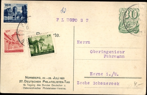 Postal stationery coat of arms PC Nuremberg in Middle Franconia Bavaria, 27th German Philatelic Day 1921
