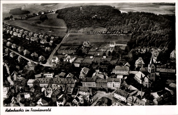 Postcard Helmbrechts in Upper Franconia, Franconian Forest, aerial photograph