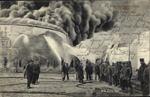 Postcard Blexen Nordenham in Oldenburg, fire in the petrol tanks, fire department