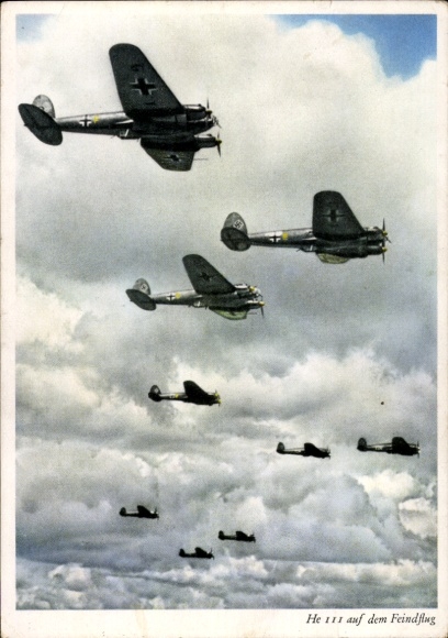 Postcard Heinkel He 111 squadron on the enemy flight, Luftwaffe