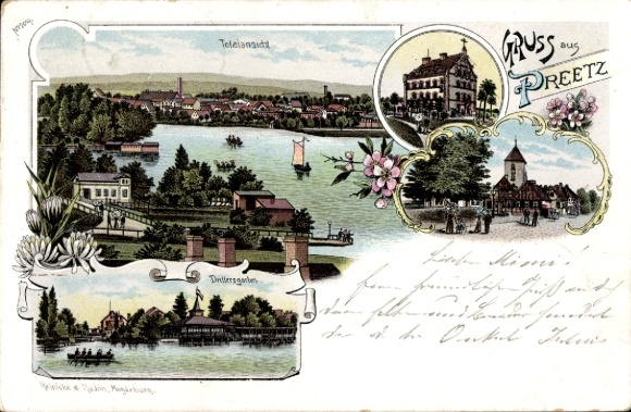 Chromo-Litho Preetz in Holstein, Panorama, Drillersgarten, Church