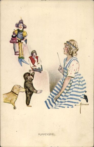 Artist Postcard puppet show, young woman with dolls, stuffed animals