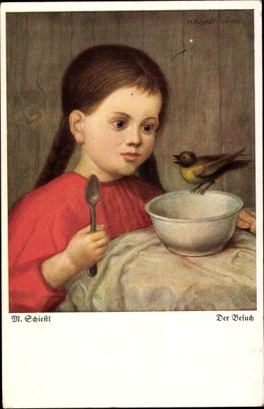 Artist PC Schiestl, Matthäus, The Visit, Girl, Bowl, Bird