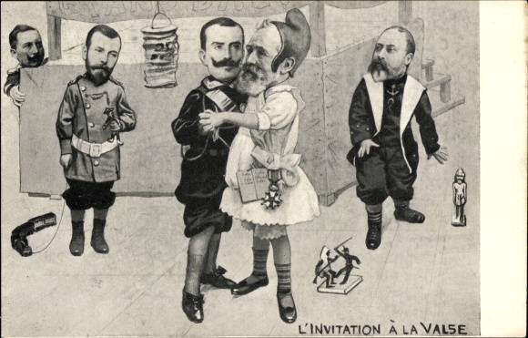 Postcard L'Invitation à la Valse, Emile Loubet, Viktor Emmanuel III, Edward VII, Tsar Nicholas II, Emperor