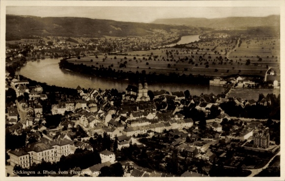 Postcard Bad Säckingen on the High Rhine, aerial view of the Rhine, airplane view
