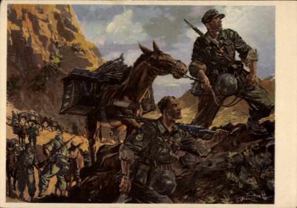 Künstler Ak Mundorff, V., Gebirgsjäger gehen in Stellung, Deutsche Wehrmacht