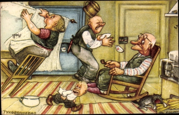 Artist PC Edgren, J., Woman hangs curtains, accident, rocking chair, house cat