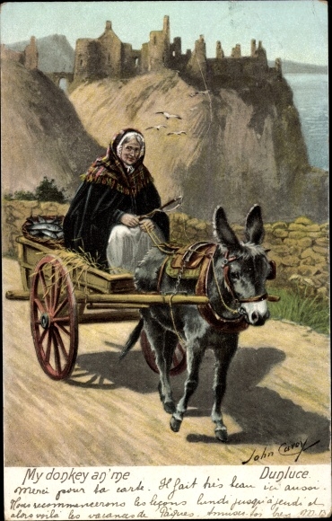Artist Postcard Cavoy, John, Dunluce Northern Ireland, My donkey an&#39;me, woman in donkey cart