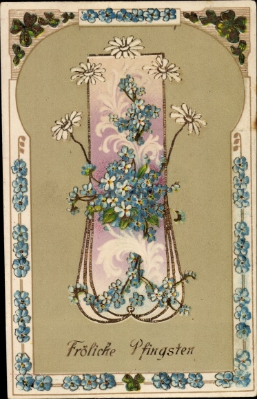 Passepartout Postcard congratulations Pentecost, forget-me-not, lucky clover