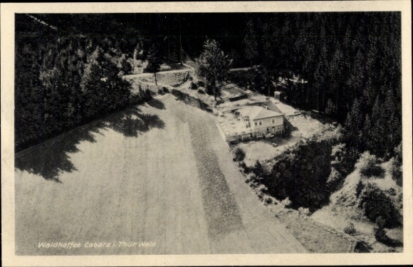 Postcard Cabarz Tabarz in the Thuringian Forest, aerial photograph, Waldkaffe Schauinsland