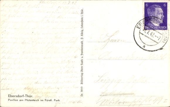 Postcard Ebersdorf in Thuringia, lake view, pavilion