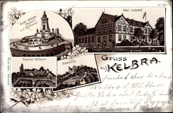 litho Kelbra bij de Kyffhäuser, Kaiser Wilhelm-monument, Hotel Lindenhof, kasteelruïne, Rothenburg