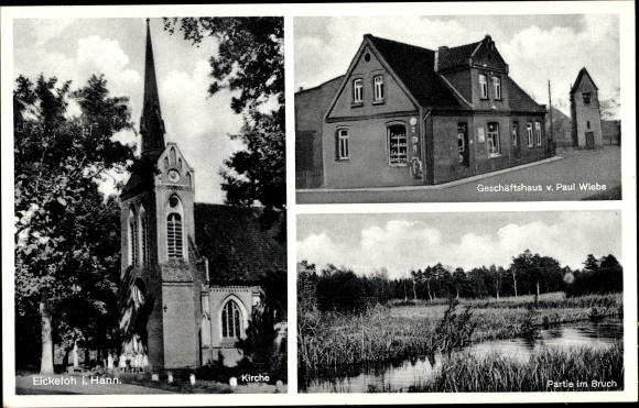 Postcard Eickeloh in Lower Saxony, church, commercial building, lot in the break
