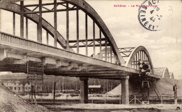 Postcard Acheres Yvelines, bridge, architecture, clouds, traffic signs, year