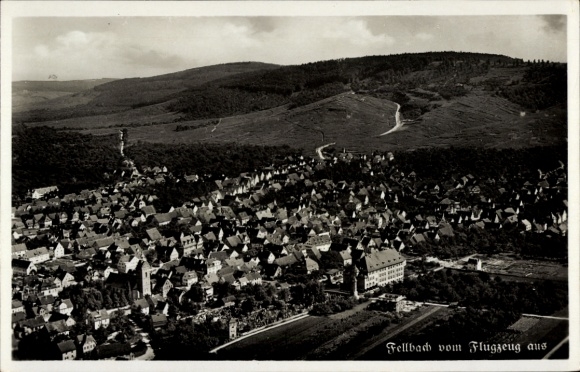 Postcard Fellbach in Württemberg, aerial photograph of houses, hills, black and white