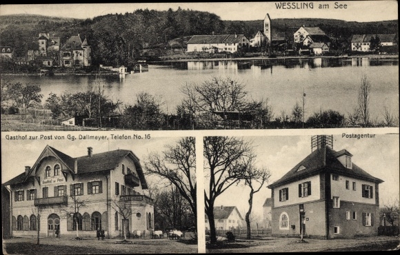 Postcard Wessling Wessling Oberbayern, post office, Gasthof zur Post, view of the town
