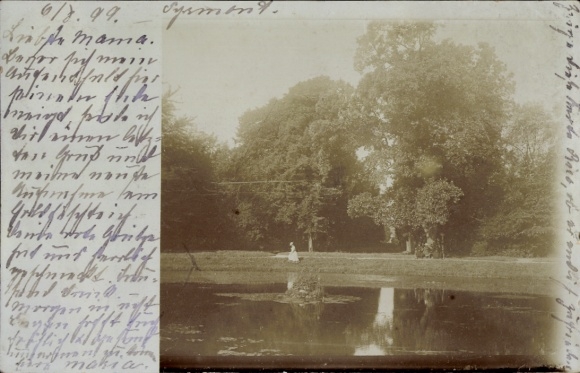 Postcard Bad Pyrmont in Lower Saxony, lake view, park