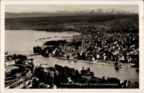 Postcard Konstanz on Lake Constance, aerial view, mountains, Rhine, bridge, Münster
