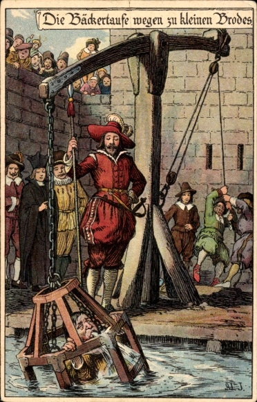 Artist Chromo-Litho Jodolfi, The baker's baptism because of too small bread, punishments in the Middle Ages