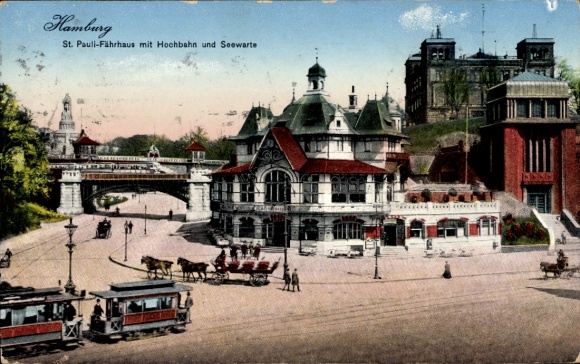 Postcard Hamburg St Pauli, ferry house with elevated train and lake station, tram