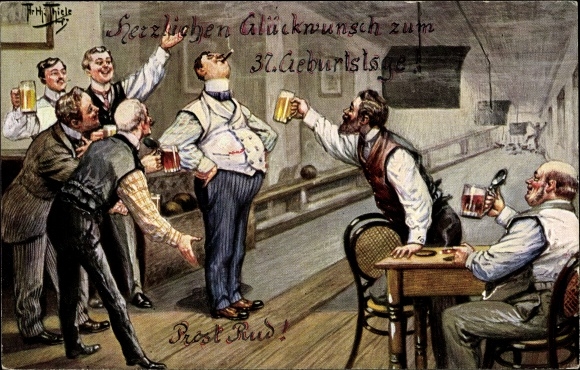 Artist PC Thiele, Arthur, men at the bowling alley, Alle Neune, beer