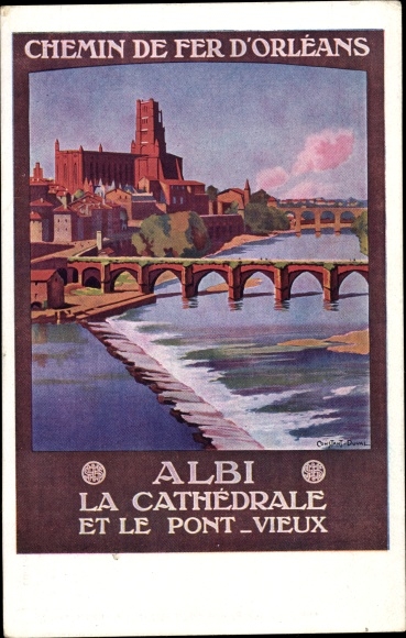 Artist Postcard Duval, C., Albi Tarn, The Cathedral and the Old Bridge, Orleans Railway