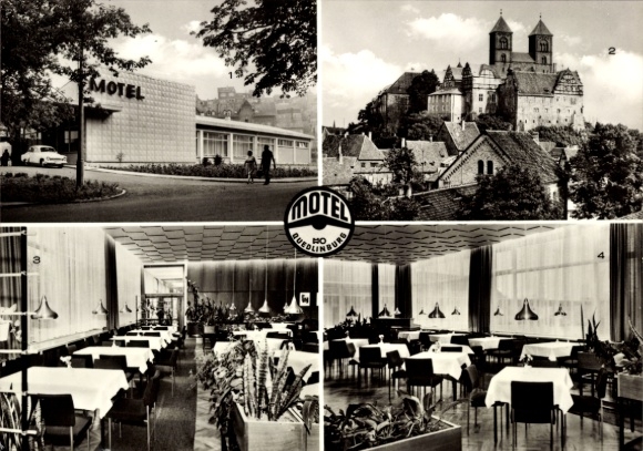 Ak Quedlinburg in het Harzgebergte, MOTEL, uitzicht op het kasteel en de kathedraal, restaurant met tafels, moderne architectuur