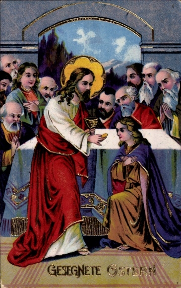 Präge Ak Gesegnete Ostern, Jesus segnet, Gläubige beten