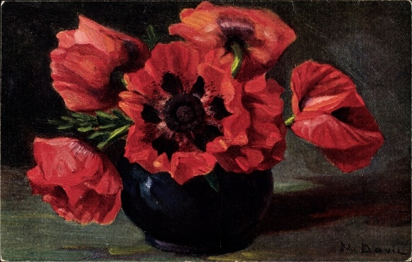 Artist Postcard Davis, N., garden poppies in a flower vase