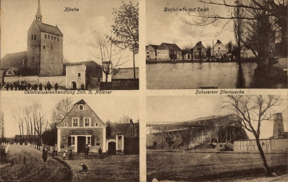 Postcard Schwerz near Niemberg Landsberg in Saalekreis, grocery store, stoneworks, church