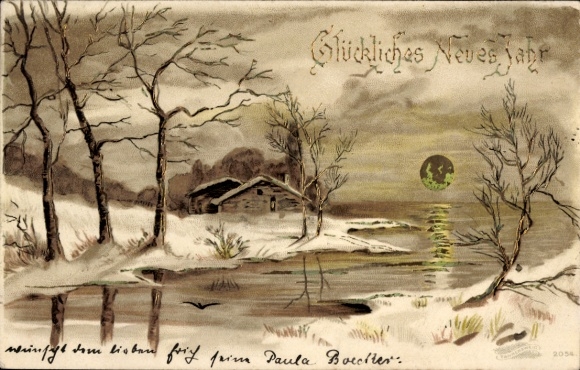Ak Bad Kreuznach an der Nahe, Neujahrswünsche, verschneite Hütte am See, Nachthimmel mit große...