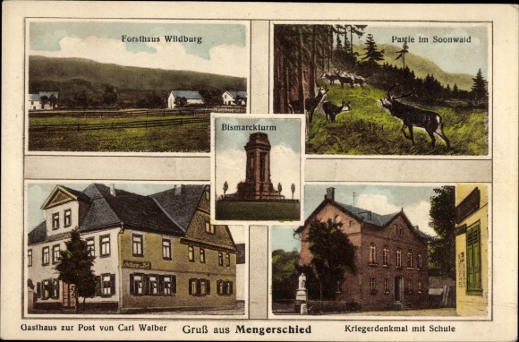 PC Mengerschied in the Hunsrück, Bismarck Tower, Soonwald, war memorial, school, Post Office