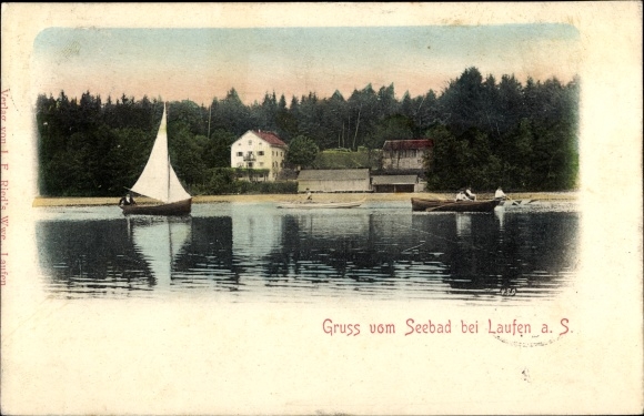 Ak Laufen Salzach im Berchtesgadener Land, Blick auf das Seebad, Boote