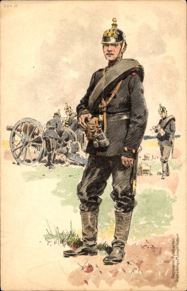 Kunstenaar litho Becker, C., Duitse soldaten in uniformen, geweren, verrekijkers