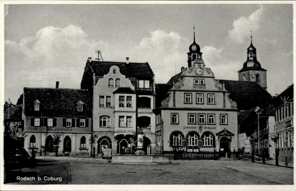 Ansichtkaart Bad Rodach Opper-Franken Beieren, apotheek, spaarbank