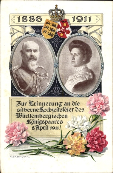 Artist Postcard Schnorr, King Wilhelm II of Württemberg, Queen Charlotte, Silver Wedding 1911, Coat of Arms