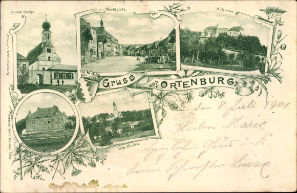 Postcard Ortenburg Lower Bavaria, castle, market square, Protestant church, confirmation house